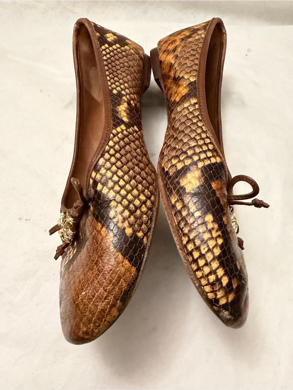 Tory Burch Brown & Tan Snakeskin-Print Ballet Flats with Gold Logo Charm, pre-ow